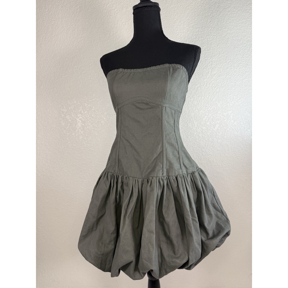 PrettyLittleThing Strapless Olive Bubble Hem Dress